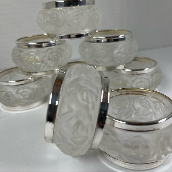 8 William Adams Frosted Rose Crystal Napkin Rings Silver-Plated,Bridal Luncheon - Picture 3 of 5